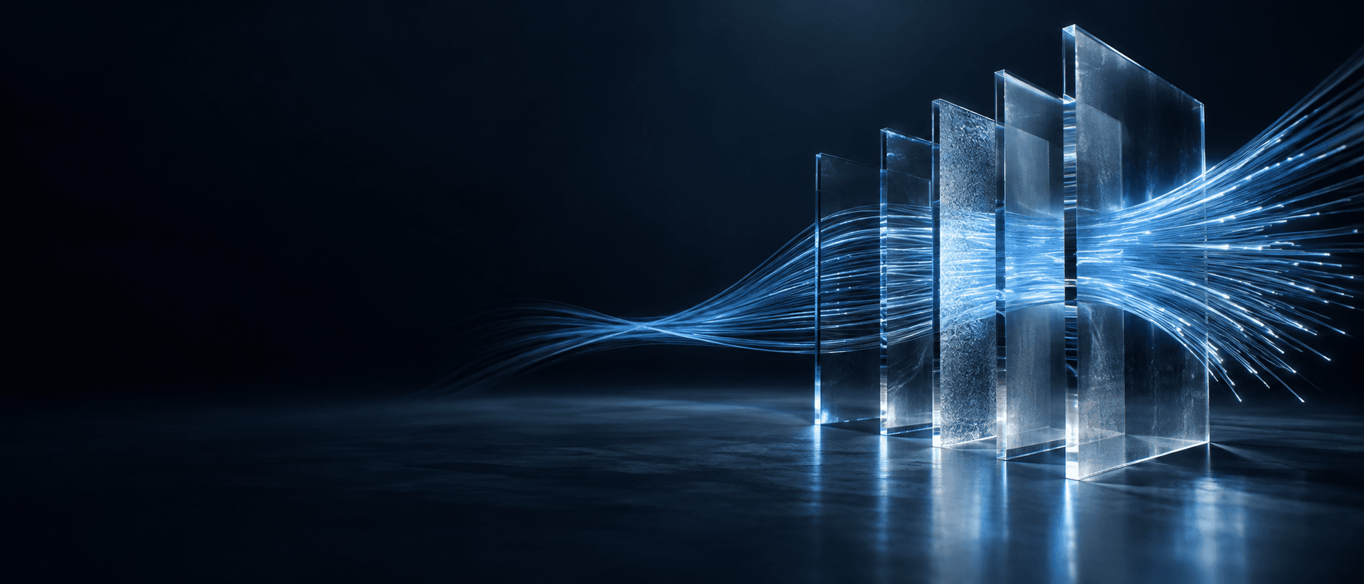 Blue streams of light passing through glass panels
