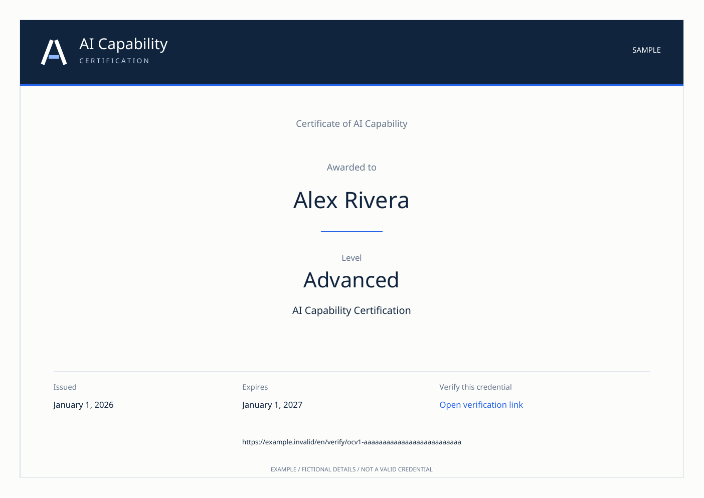 Fictional AI Capability Certification certificate sample. Open the sample PDF in another tab.