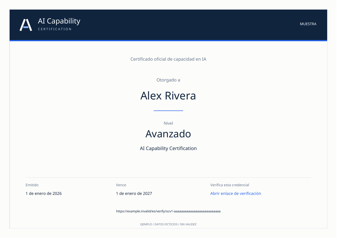 Muestra ficticia del certificado de AI Capability Certification. Abrir el PDF de ejemplo en otra pestaña.